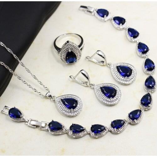 Trendy 925 Silver Rings Earrings Necklace Bracelet Jewelry Set for Women Wedding Party Sapphire Gemstone Water Drop Shaped Gifts