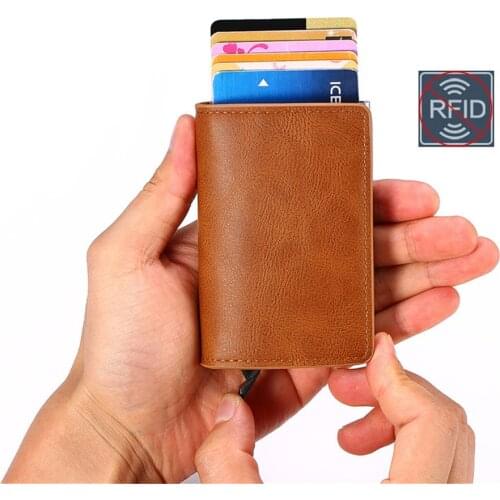 Men Automatic Credit card holder carbon fiber Leather Wallet Aluminum Mini Wallet With Back Pocket ID Card RFID Blocking purse