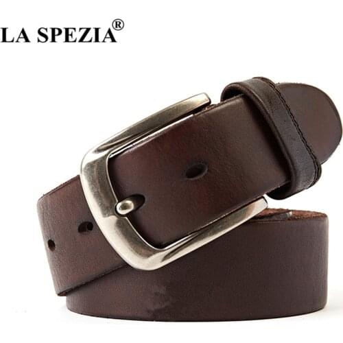 LA SPEZIA Genuine Leather Belt Male Pin Buckle Cowskin Real Leather Belt Men Casual High Quality Belt Black Coffee 120cm