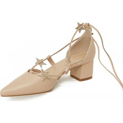 Block Medium Heel Shoes Stars Decor Lace Up Pointed Toe Shallow Pumps Match Everything Genuine Leather Spring Newest Shoes Women