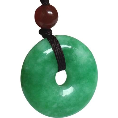 Charming Natural Green Jade 30mm Donut Pendant Chinese Round Buckle Amulet Lucky Jade Pendant necklace + Free Rope Fine Jewelry
