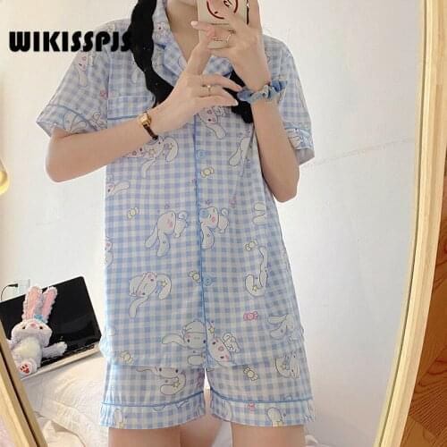 WIKISSPJS Korean Cartoon Pajamas Womens Lovely Thin Short Sleeve Shorts Set Summer Leisure Student Home Wear Sleepwear