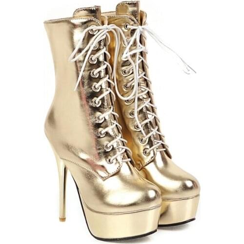 Super High Stiletto Metal Color Casual Womens Boots High Waterproof Platform Cross-Lace Side Zipper Short Plush Rider Boots