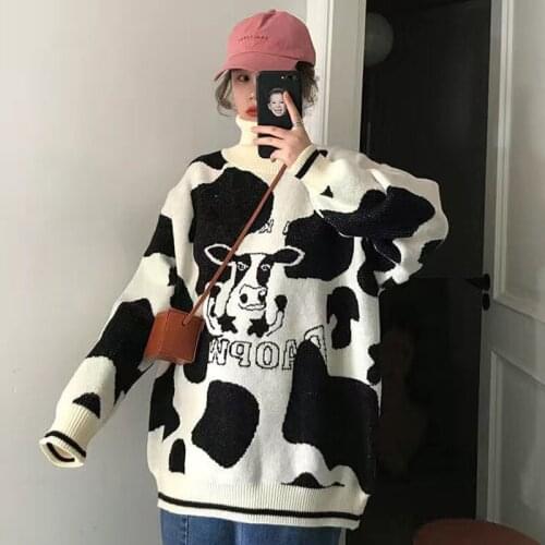 Cow Print Sweater Pullovers Women Autumn Winter New Sweet Turtleneck Knitwear Female Student Korean Loose Wild Sweater Coat 2021