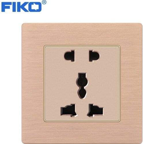 FIKO 5 pin universal 13A wall power socket ,Champagne gold Aluminium Alloy panel standard 86mm*86mm family hotel use
