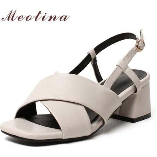 Meotina Women Sandals High Heel Shoes Square Toe Thick Heels Buckle Strap Ladies Footwear Female Sandals Summer Black Size 43