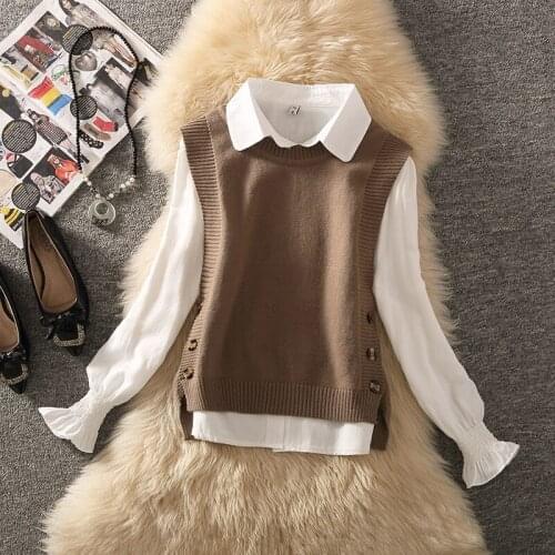 Women 2021 Spring New Fashion Two-piece Suits Female O-neck Pullover Knitted Vest Ladies Solid Color Slim Blouses Sets Q2334