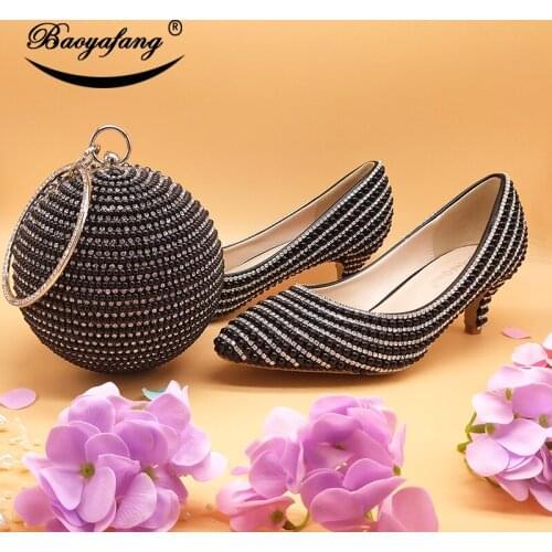BaoYaFang 2019 New arrival Black Pearl wedding shoes and bags 6cm Heel Pumps Womens Party dress Shoes for Woman