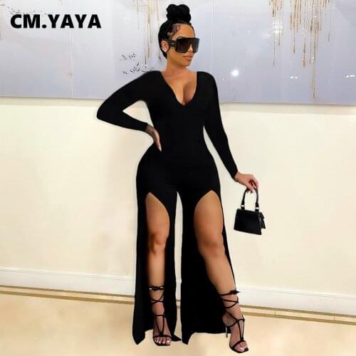 CM.YAYA Women Jumpsuit Solid Full Sleeve V-neck Stretchy Bodycon Skinny Splited Wide Leg Jumpsuits Fashion Outfits Autumn 2021