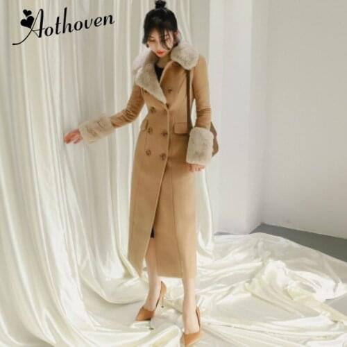High Quality Long Jacket Autumn Winter 2020 Women Khaki Vintage Female Elegant Fur Collar Woolen Long Coat Outwear Warm Coats