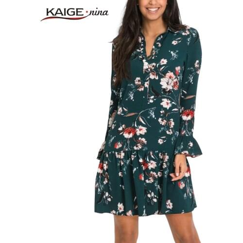 Kaige.Nina New Womens Fashion Prairie Chic Print Stand neck Knee Autumn Straight Dress With Flare Sleeves 18010