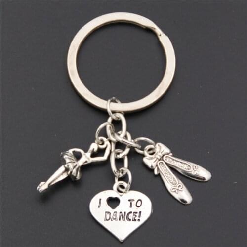 1pc Silver Color ballet dancer ballerina with dance shoes pendant key ring heart I love to dance charms keychain jewelry