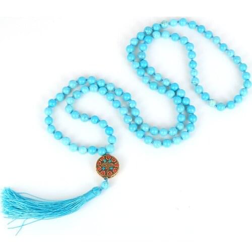 108PCS Mala Beads Tibetan Long Necklace For Men Women Natural Stone Turquoises Onyx Beaded Rosary Tassel Pendant Necklaces