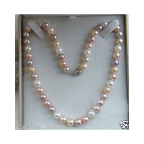 18" 8-9MM Akoya Natural White Pink Purple Pearl Necklace Gold