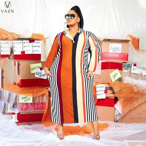 VAZN 2021 Autumn Striped Patchwork Chiffon Dress Free Office Lady Mature Full Sleeve Casual Long Straight Dress Women Dress