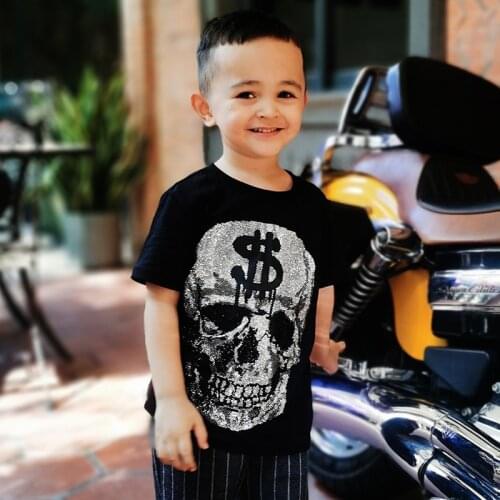 AlexPlein Kids Clothes Skulls Rhinestones Free Shipping 100% Cotton Boy Dress Fashion Streetwear Short Sleeve Round Neck Summer