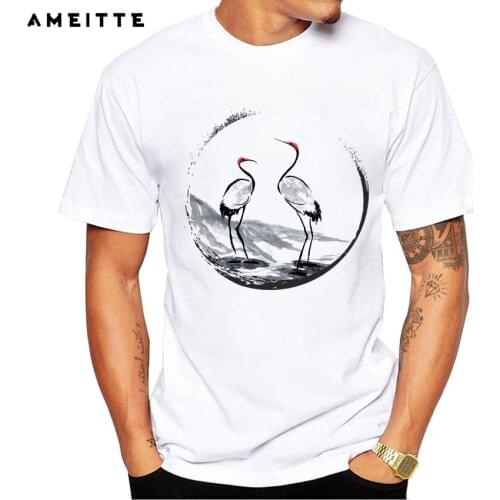 AMEITTE Fashion Ink painting design Crane T-Shirt Men Custom Chinese Style Bird Print T Shirt High Quality Hipster Male Tops Tee