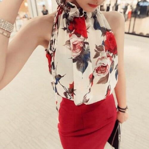 Summer Floral Chiffon Womens Tunic Blouse Sleeveless Ruffles Collar White Shirt Female OL Blusas Feminino Blouse Plus Size