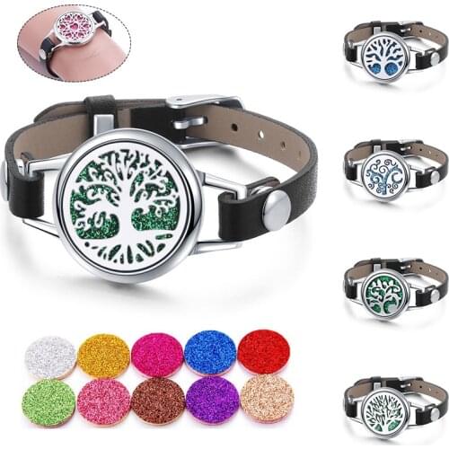 Tree of Life Aromatherapy Essential Oil Diffuser Bracelet Adjustable Leather Wristband Aroma Stainless Steel Perfume Locket
