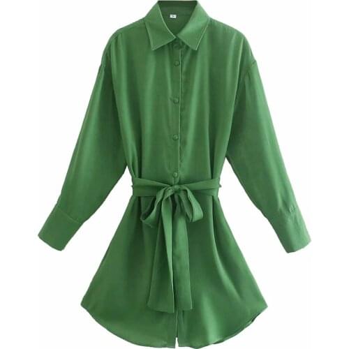 DYLQFS Summer Women Satin Green Sashes Mini Lapel Dress Female Vintage Casual Chic Loose Long Sleeve Single-Breasted Dresses