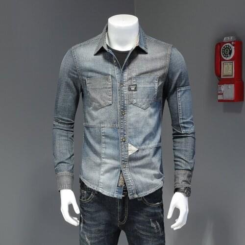 Long Sleeve Denim Shirt Men Casual Social Slim Fit Cotton Clothes
