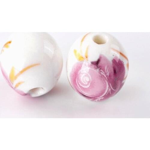 30 PCs Doreen Box Ceramic Beads Round White Purple Flower 12mm Dia. Bead For DIY Bracelet Necklace Jewelry Making, Hole: 2.5mm