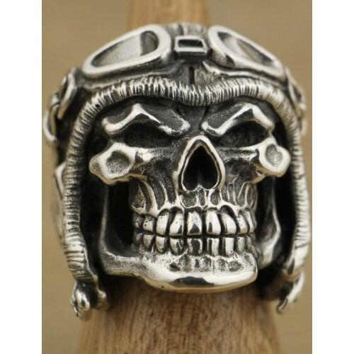 Huge Heavy Pilot Skull Helmet 925 Sterling Silver Mens Biker Punk Ring TA65 US Size 9~15