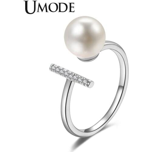 UMODE Women Round Pearl Rings Simple Girls T Letter Fashion Cubic Zirconia Finger Ring Gifts Jewellery Accesorios UR0501B