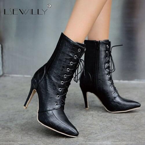 Lsewilly Yellow Black Red Sexy Boots Female Pointed Toe Stiletto High Heels Cross Strap Lace Up Vintage Ankle Boots Woman Shoes