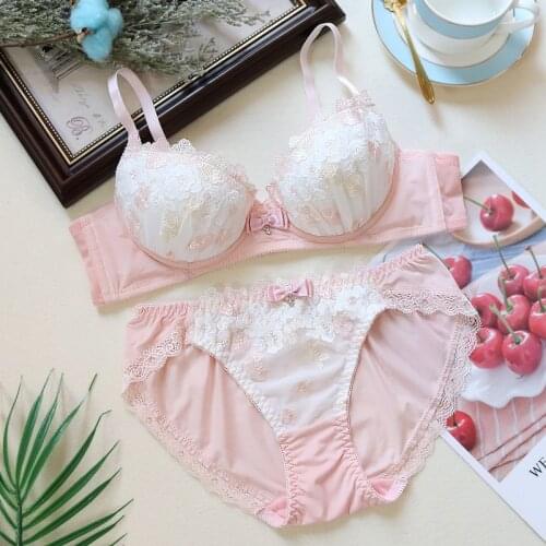 Sweet Cute Embroidery Bra & Panties Set Lace Trim Underwire Soft Pink Underwear Sleep Intimates Set Kawaii Lolita