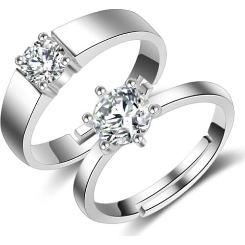Fashion 925 Sterling Silver Cubic Zircon Crystal Wedding Engagement Open Adjustable Rings For Woman And Man Jewellery