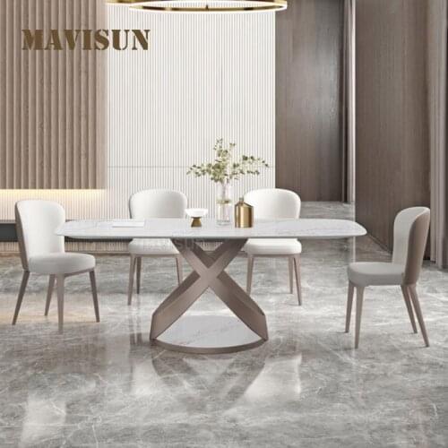Italian Type Marble Style Rock Plate Desktop Dining Table Rectangular Dining Table Household White High-End Restaurant Furniture