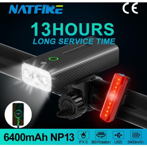 NATFIRE 13Hours Bike Light USB Rechargeable 6400mAh Bicycle Lights Set Front and Back Rear Light Long Lasting for Road and MTB