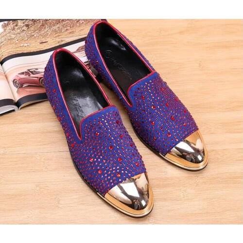 New gold toe and purple full rhinestone handmade men loafers men fashion leather slippers men party wedding dress mens flats