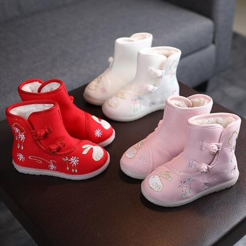 Autumn/winter Children Girls Embroidered Shoes Short Boots with Flower Chinese Style Kids Shoes Fashion Snow Boots Canvas Shoes