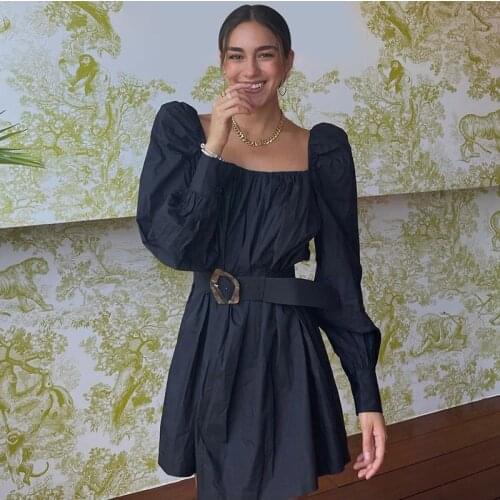 Fall Fashion Neck Long Sleeve Belt Slim Color Womens Mini Dress Elegant Party Club Ladies Black Short Skirt -40