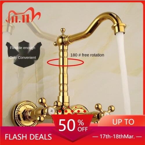 All-Copper Wall Faucet European-Style Retro Wall Faucet Wholesale Household Golden Hot and Cold Mixed Faucet