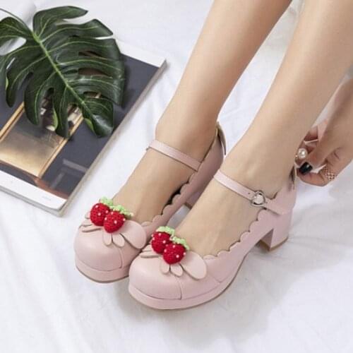 PXELENA Princess Lolita Girls Party Dress Cosplay Wedding Shoes Women Sweet Mary Janes Pumps Chunky Med Heels Strawberry 34-43
