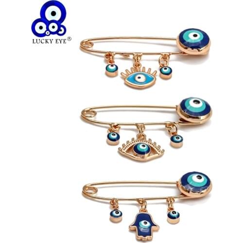 Lucky Eye Fatima Hamsa Hand Blue Turkish Evil Eye Brooch Pin Gold Color Copper Brooch for Women Girls Fashion Jewelry BE269