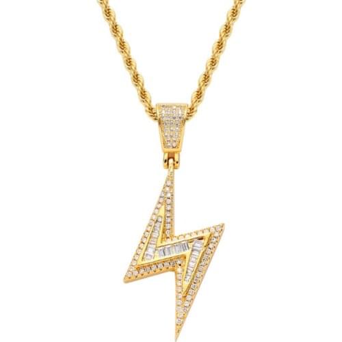 Rhinestone Men Necklace Ice Out Cubic Zircon Lightning Pendant Gold Silver Color Charm Chain Jewelry