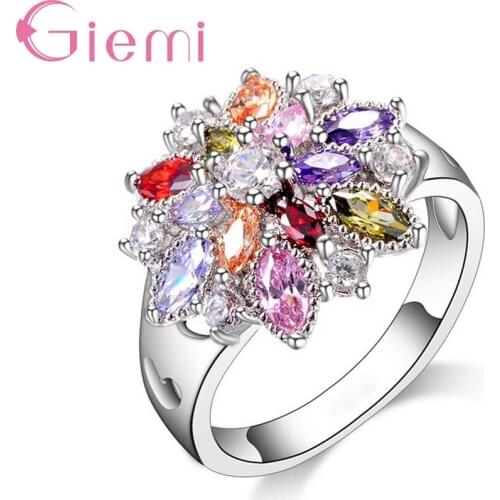 Sparkling 100% Solid 925 Sterling Silver Band Rings Colorful Flower AAA Cubic Zircon Stone Jewelry for Women Wedding Engagement