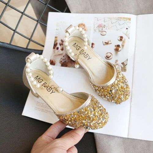 Girls Leather Shoes For Kids Latest Fashion Princess Glitter Children High Heel Artificial Pearl Sequin Sandals Size 26-35