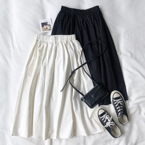 Solid All Match Women Skirts Summer New High Waist Pleated Loose Casual Female Skirts for Women Midi White Pleated Skirt