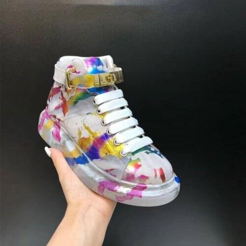2020 New Camouflage Women Sneakers Wedges High Top Mental Buckle Decor Lace-up Genuine Leather Female Casual Shoes Luxury Brand