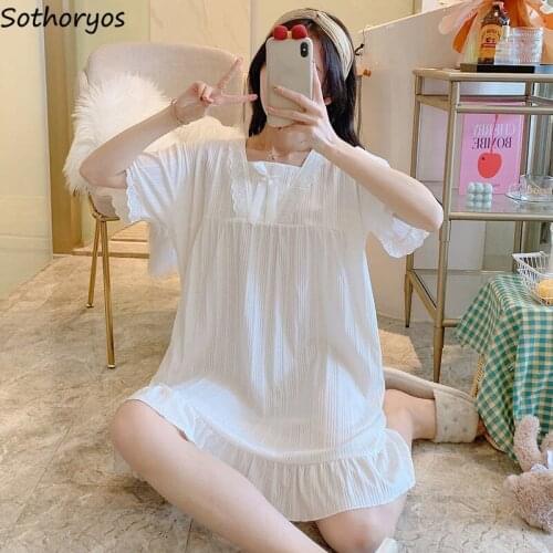 Knee Length Sleepshirts Women Short Sleeve Lace Patchwork Candy Color Sweet Girls Nightgowns Trendy Cozy Summer Lounge Females