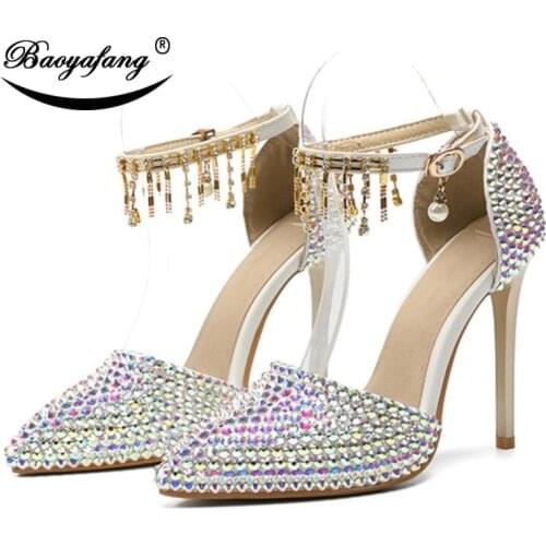 BaoYaFang 2019 NEW ARRIVE AB Crystal Wedding shoes Woman 11cm High heels pointed toe Bridal Party dress shoe plus size 46