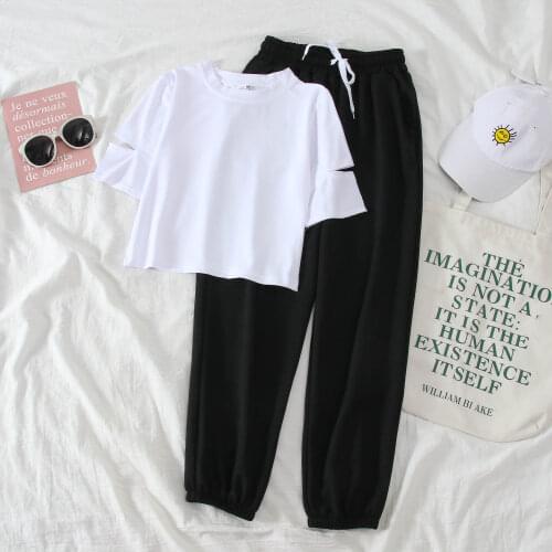 2021 Women Plus Size Summer Sets Korean Chic 2 Piece Outfits Short Sleeve T-shirt Tops High Waist Lady Harem Trouser Suits W91