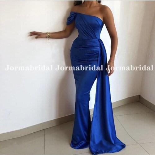 Royal Blue Shiny Satin Evening Dress With Ribbon 2021 One Off Shoulder Burgundy Mermaid Runway Fashion Prom Gowns For Party 2021