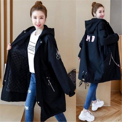 Plus size Womens Collage Cartoon College Style Cotton Coats Winter Big Size Black Long-sleeved Hooded Long Cotton Jacket 985