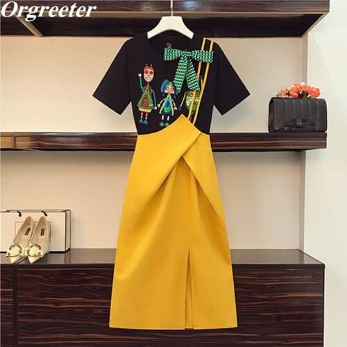 Chic Design One-shoulder sling Dress Suits Vestido Summer New Sequines Embroidery Bowknot Tee With Long Skirt 2 Piece set